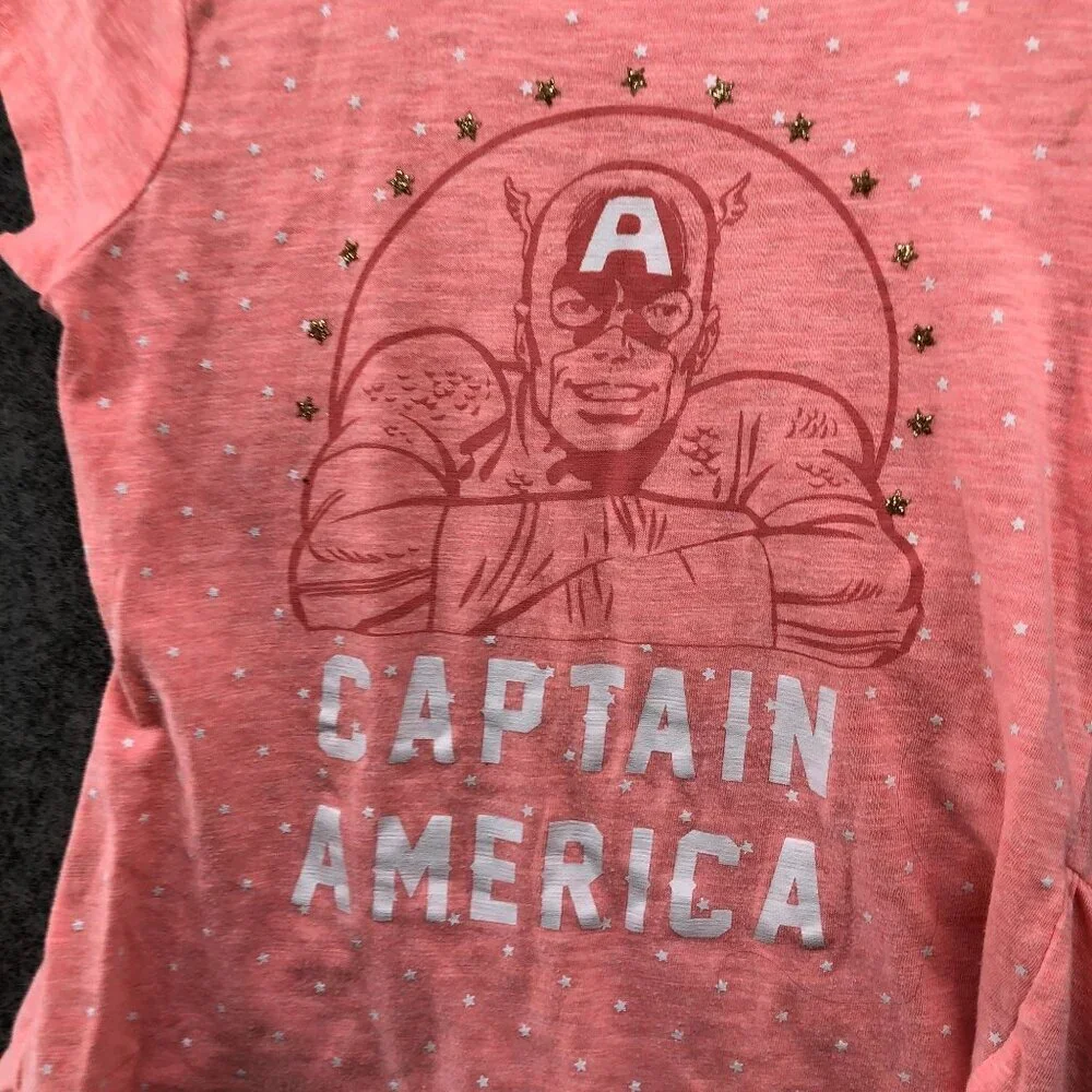 Marvel Girls Size 10/12 Captain America T Shirt Pink High Low Short Sleeve‎